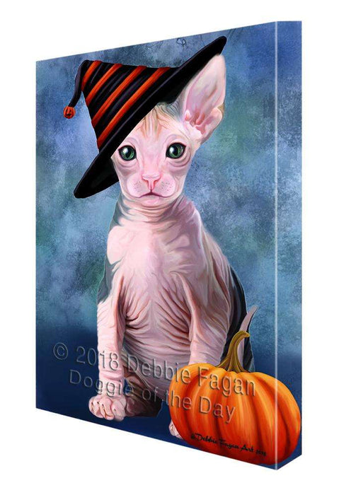 Happy Halloween Sphynx Cat Wearing Witch Hat with Pumpkin Canvas Print Wall Art Décor CVS112085