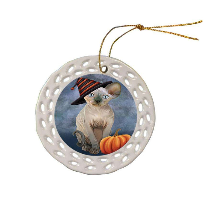 Happy Halloween Sphynx Cat Wearing Witch Hat with Pumpkin Ceramic Doily Ornament DPOR54873