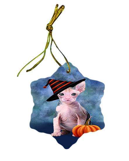 Happy Halloween Sphynx Cat Wearing Witch Hat with Pumpkin Ceramic Doily Ornament DPOR54915