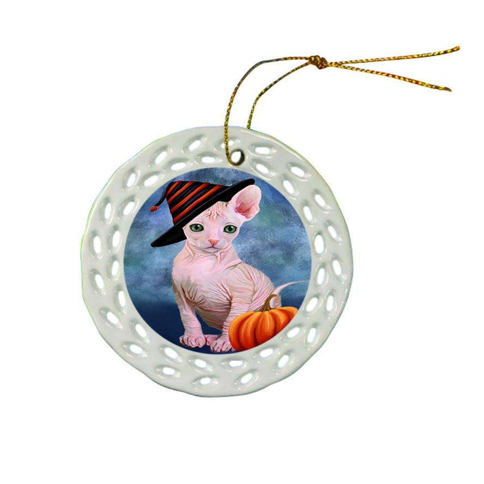 Happy Halloween Sphynx Cat Wearing Witch Hat with Pumpkin Ceramic Doily Ornament DPOR54979