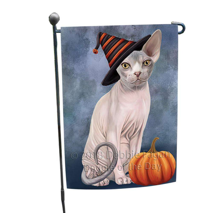 Happy Halloween Sphynx Cat Wearing Witch Hat with Pumpkin Garden Flag GFLG54934