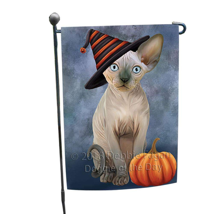 Happy Halloween Sphynx Cat Wearing Witch Hat with Pumpkin Garden Flag GFLG54935