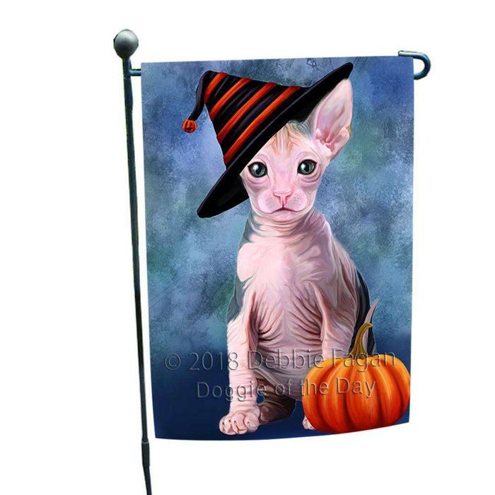 Happy Halloween Sphynx Cat Wearing Witch Hat with Pumpkin Garden Flag GFLG54977