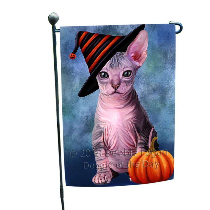 Happy Halloween Sphynx Cat Wearing Witch Hat with Pumpkin Garden Flag GFLG54978