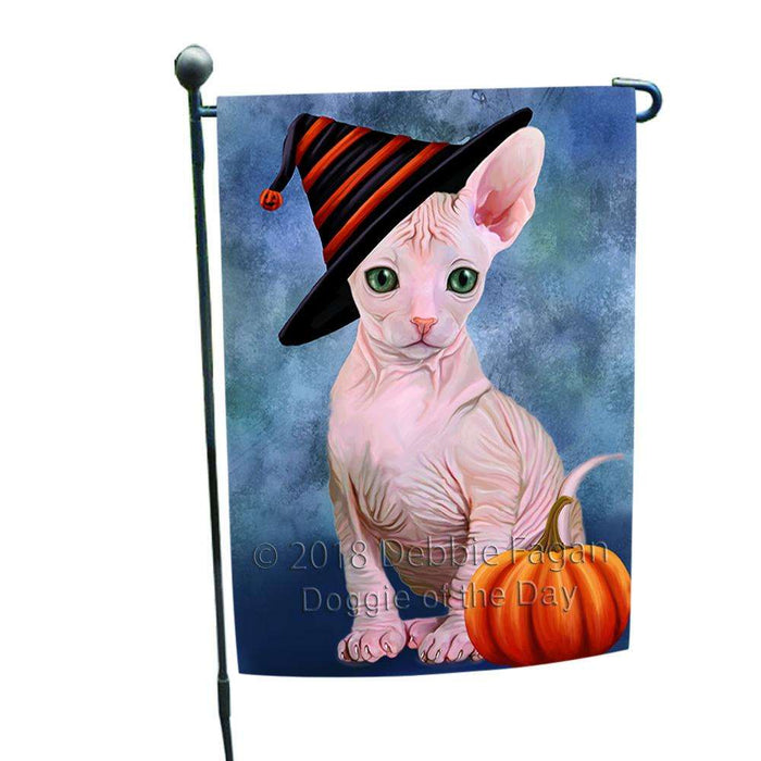 Happy Halloween Sphynx Cat Wearing Witch Hat with Pumpkin Garden Flag GFLG55041