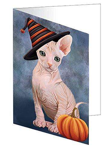 Happy Halloween Sphynx Cat Wearing Witch Hat with Pumpkin Handmade Artwork Assorted Pets Greeting Cards and Note Cards with Envelopes for All Occasions and Holiday Seasons D105