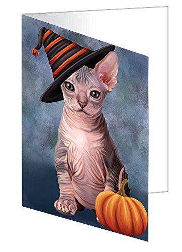 Happy Halloween Sphynx Cat Wearing Witch Hat with Pumpkin Handmade Artwork Assorted Pets Greeting Cards and Note Cards with Envelopes for All Occasions and Holiday Seasons D110