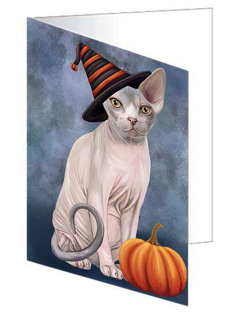 Happy Halloween Sphynx Cat Wearing Witch Hat with Pumpkin Handmade Artwork Assorted Pets Greeting Cards and Note Cards with Envelopes for All Occasions and Holiday Seasons GCD68645