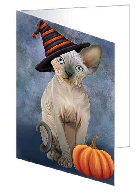 Happy Halloween Sphynx Cat Wearing Witch Hat with Pumpkin Handmade Artwork Assorted Pets Greeting Cards and Note Cards with Envelopes for All Occasions and Holiday Seasons GCD68648