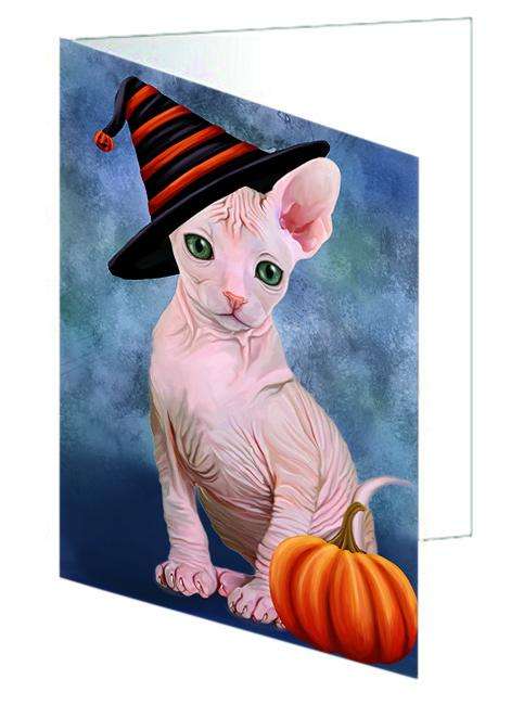 Happy Halloween Sphynx Cat Wearing Witch Hat with Pumpkin Handmade Artwork Assorted Pets Greeting Cards and Note Cards with Envelopes for All Occasions and Holiday Seasons GCD68759