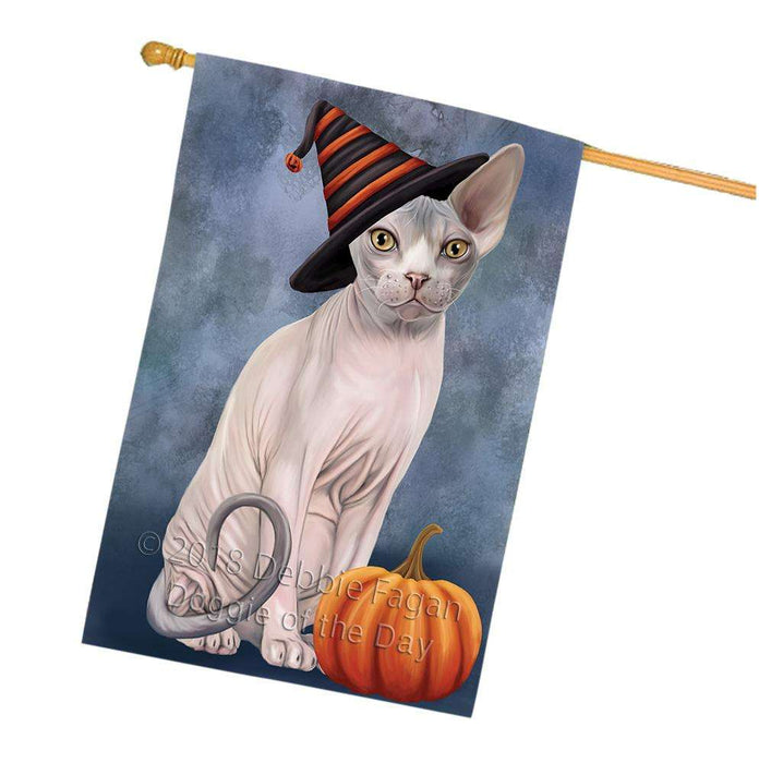 Happy Halloween Sphynx Cat Wearing Witch Hat with Pumpkin House Flag FLG55070