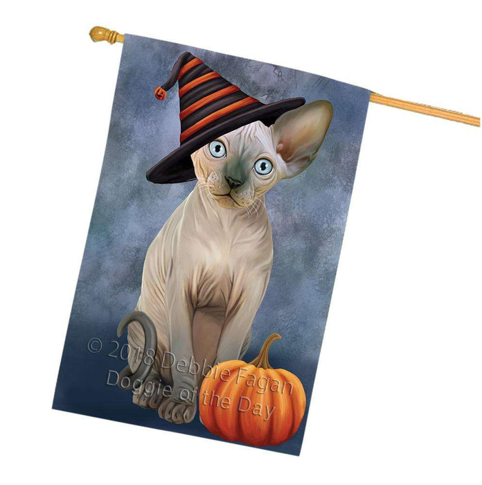 Happy Halloween Sphynx Cat Wearing Witch Hat with Pumpkin House Flag FLG55071