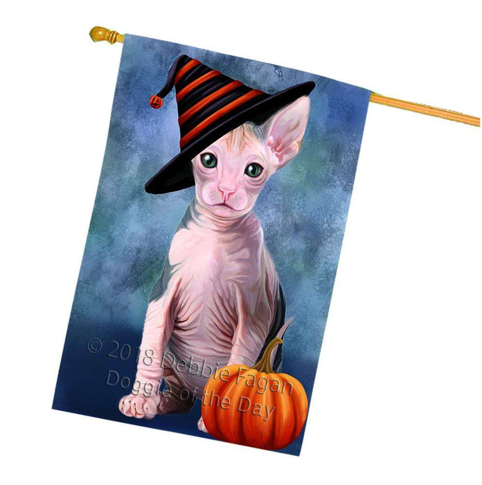 Happy Halloween Sphynx Cat Wearing Witch Hat with Pumpkin House Flag FLG55113