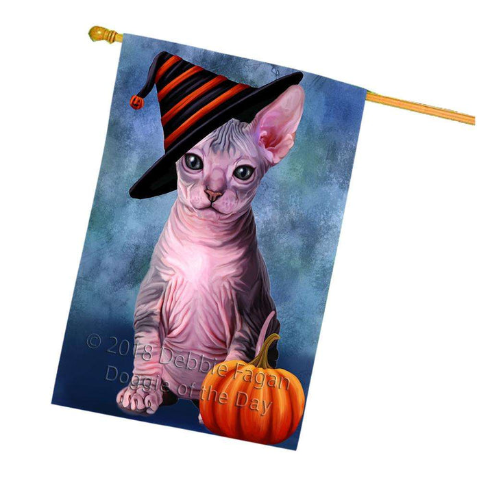 Happy Halloween Sphynx Cat Wearing Witch Hat with Pumpkin House Flag FLG55114