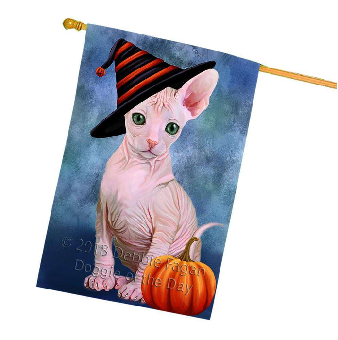 Happy Halloween Sphynx Cat Wearing Witch Hat with Pumpkin House Flag FLG55177