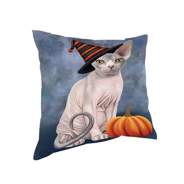 Happy Halloween Sphynx Cat Wearing Witch Hat with Pumpkin Pillow PIL76112