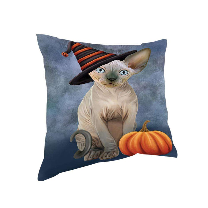Happy Halloween Sphynx Cat Wearing Witch Hat with Pumpkin Pillow PIL76116