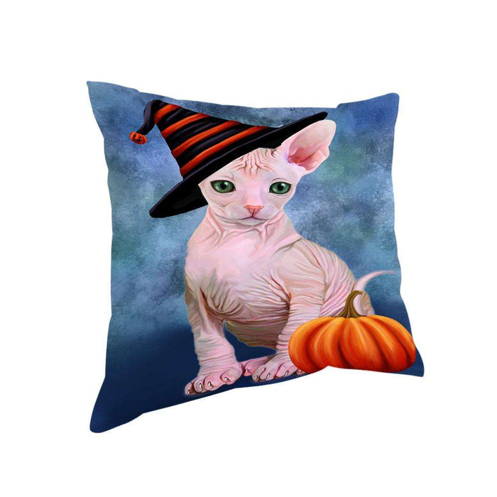 Happy Halloween Sphynx Cat Wearing Witch Hat with Pumpkin Pillow PIL76264