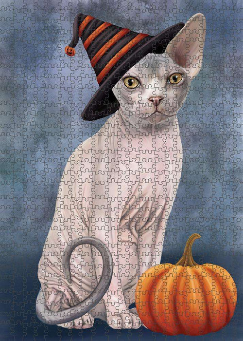 Happy Halloween Sphynx Cat Wearing Witch Hat with Pumpkin Puzzle with Photo Tin PUZL86644