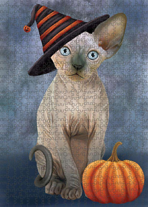 Happy Halloween Sphynx Cat Wearing Witch Hat with Pumpkin Puzzle with Photo Tin PUZL86648