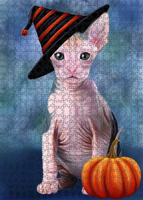 Happy Halloween Sphynx Cat Wearing Witch Hat with Pumpkin Puzzle with Photo Tin PUZL86816