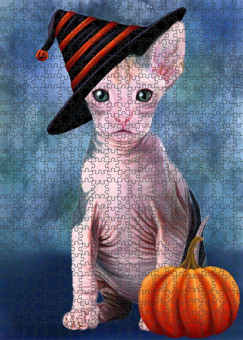 Happy Halloween Sphynx Cat Wearing Witch Hat with Pumpkin Puzzle  PUZL86816