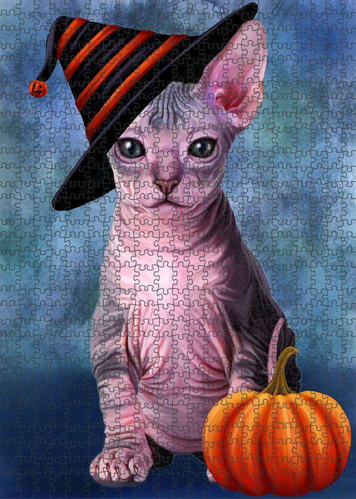 Happy Halloween Sphynx Cat Wearing Witch Hat with Pumpkin Puzzle with Photo Tin PUZL86820