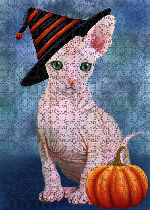 Happy Halloween Sphynx Cat Wearing Witch Hat with Pumpkin Puzzle with Photo Tin PUZL87072