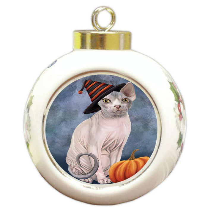 Happy Halloween Sphynx Cat Wearing Witch Hat with Pumpkin Round Ball Christmas Ornament RBPOR54872