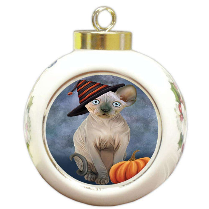 Happy Halloween Sphynx Cat Wearing Witch Hat with Pumpkin Round Ball Christmas Ornament RBPOR54873