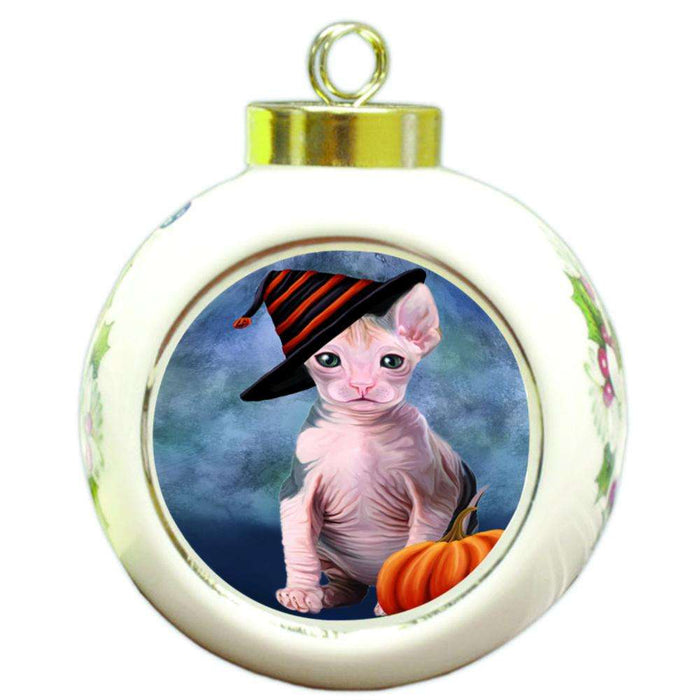 Happy Halloween Sphynx Cat Wearing Witch Hat with Pumpkin Round Ball Christmas Ornament RBPOR54915
