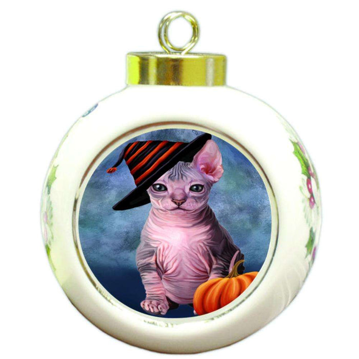 Happy Halloween Sphynx Cat Wearing Witch Hat with Pumpkin Round Ball Christmas Ornament RBPOR54916