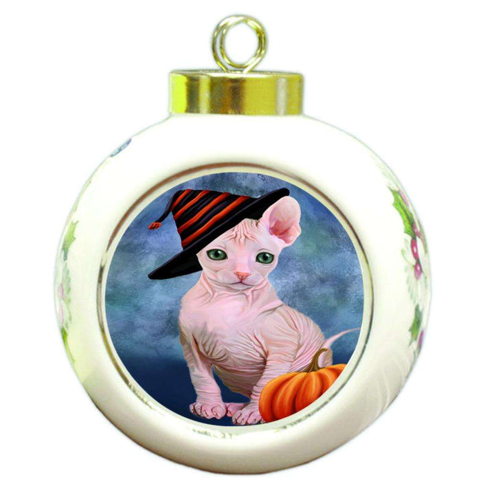 Happy Halloween Sphynx Cat Wearing Witch Hat with Pumpkin Round Ball Christmas Ornament RBPOR54979