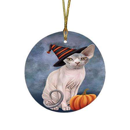 Happy Halloween Sphynx Cat Wearing Witch Hat with Pumpkin Round Flat Christmas Ornament RFPOR54863