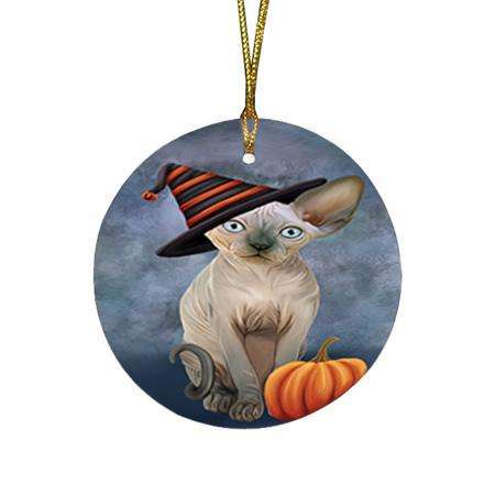 Happy Halloween Sphynx Cat Wearing Witch Hat with Pumpkin Round Flat Christmas Ornament RFPOR54864