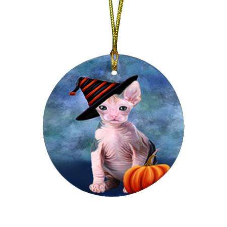 Happy Halloween Sphynx Cat Wearing Witch Hat with Pumpkin Round Flat Christmas Ornament RFPOR54906