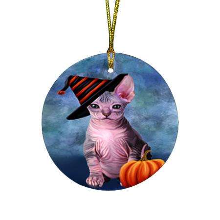 Happy Halloween Sphynx Cat Wearing Witch Hat with Pumpkin Round Flat Christmas Ornament RFPOR54907
