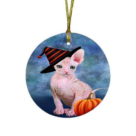 Happy Halloween Sphynx Cat Wearing Witch Hat with Pumpkin Round Flat Christmas Ornament RFPOR54970