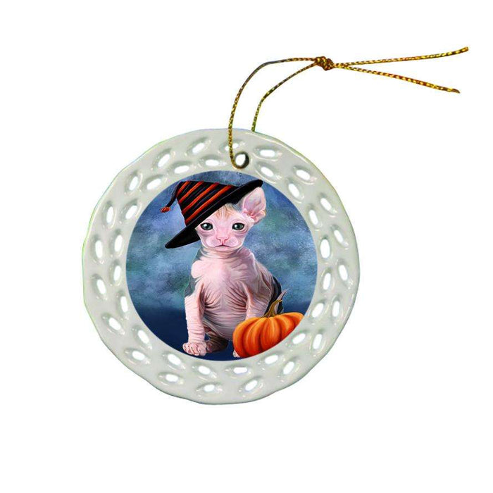 Happy Halloween Sphynx Cat Wearing Witch Hat with Pumpkin Star Porcelain Ornament SPOR54906