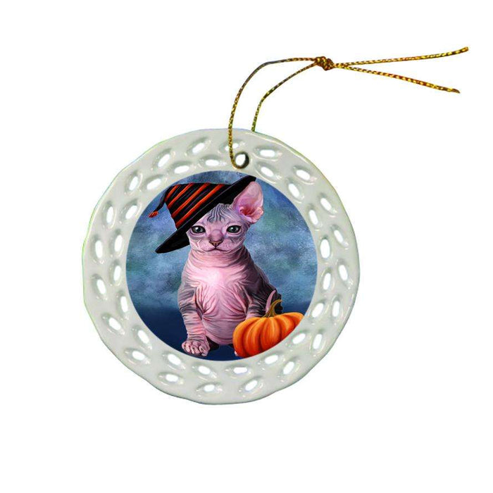 Happy Halloween Sphynx Cat Wearing Witch Hat with Pumpkin Star Porcelain Ornament SPOR54907