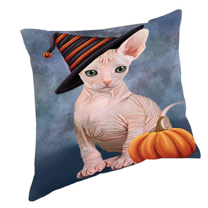 Happy Halloween Sphynx Cat Wearing Witch Hat with Pumpkin Throw Pillow D177