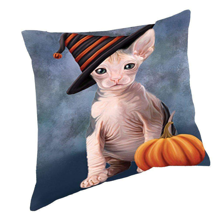 Happy Halloween Sphynx Cat Wearing Witch Hat with Pumpkin Throw Pillow D179