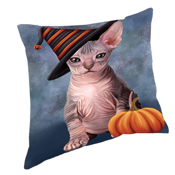Happy Halloween Sphynx Cat Wearing Witch Hat with Pumpkin Throw Pillow D181