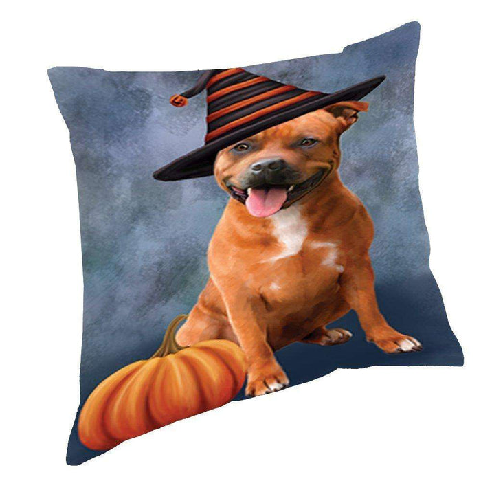 Happy Halloween Staffordshire Dog Wearing Witch Hat with Pumpkin Throw Pillow D183