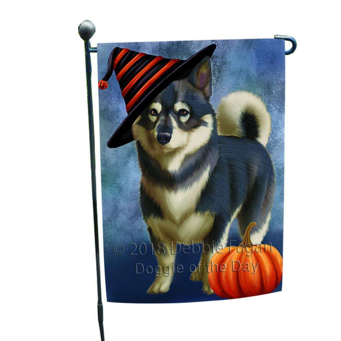 Happy Halloween Swedish Vallhund Dog Wearing Witch Hat with Pumpkin Garden Flag GFLG54979