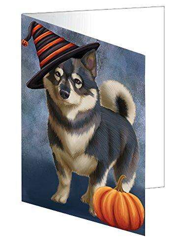 Happy Halloween Swedish Vallhund Dog Wearing Witch Hat with Pumpkin Handmade Artwork Assorted Pets Greeting Cards and Note Cards with Envelopes for All Occasions and Holiday Seasons D113