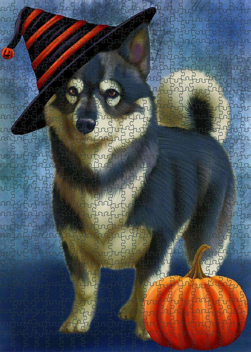 Happy Halloween Swedish Vallhund Dog Wearing Witch Hat with Pumpkin Puzzle with Photo Tin PUZL86824