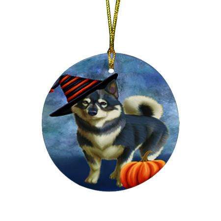 Happy Halloween Swedish Vallhund Dog Wearing Witch Hat with Pumpkin Round Flat Christmas Ornament RFPOR54908