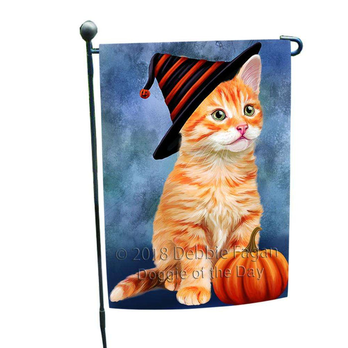 Happy Halloween Tabbie Cat Wearing Witch Hat with Pumpkin Garden Flag GFLG54980