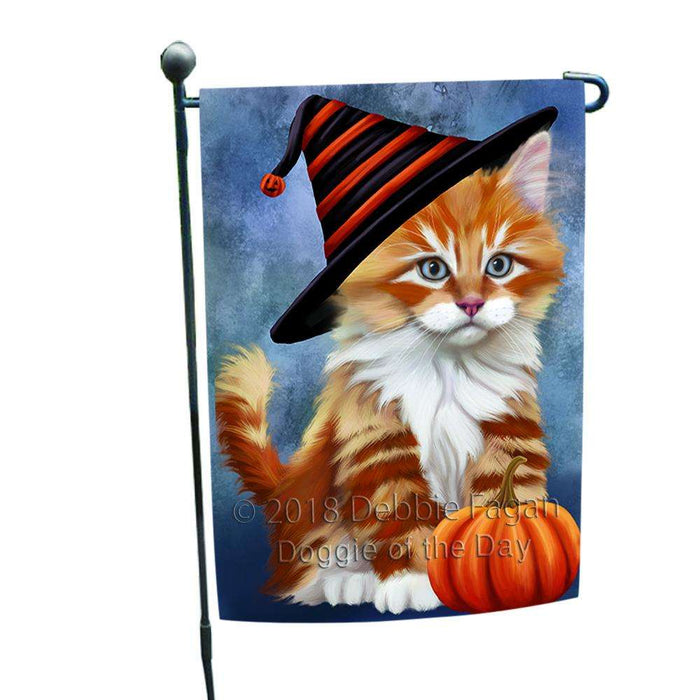 Happy Halloween Tabbie Cat Wearing Witch Hat with Pumpkin Garden Flag GFLG54983